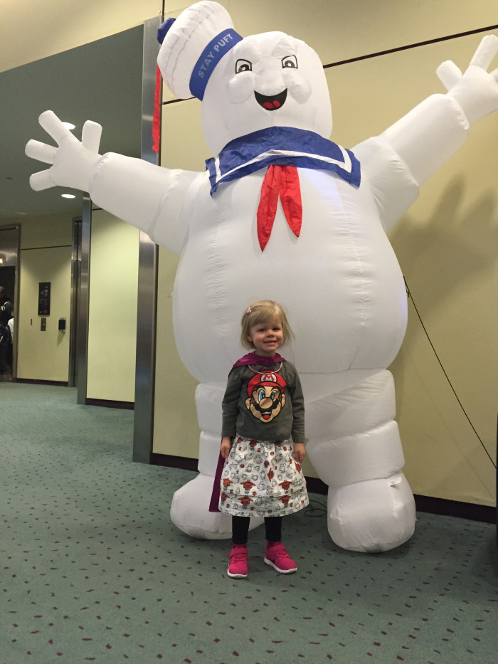 Mario shirt, Baymax skirt (made by me!) and a Princess Peach cape (also made by me). She was in heaven.